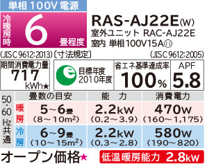 電材モール 岐阜県の電材、電気の総合オンラインストア / 日立(HITACHI) エアコン 6畳 白くまくん RAS-AJ22E-W [AJシリーズ]  新品